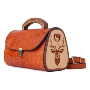 Handcrafted Leather & Wood Deer Motif Shoulder Bag – Honey Brown Elegant Design