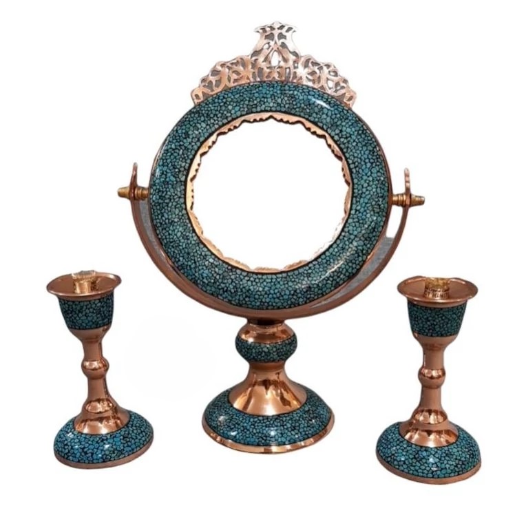 Handcrafted Persian Turquoise-Inlaid Copper Mirror & Candle Holder Set – 3-Piece Traditional Home Accent