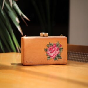 Handcrafted Wooden Handbag with Embroidered Red Flower Design – Unique & Elegant Gift Bag