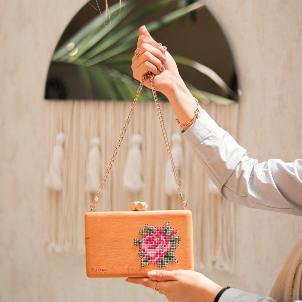 Handcrafted Wooden Handbag with Embroidered Red Flower Design – Unique & Elegant Gift Bag