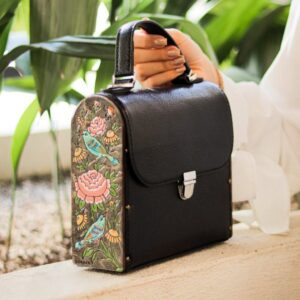 Handcrafted Wooden & Leather Shoulder Bag with Hand-Painted Floral & Bird Motifs – Stylish & Elegant for Women