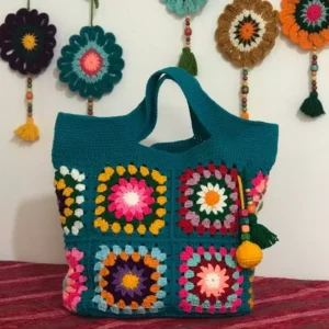 Handmade Crochet Handbag with Floral Granny Square Design – Open Top & Perfect for Art Lovers