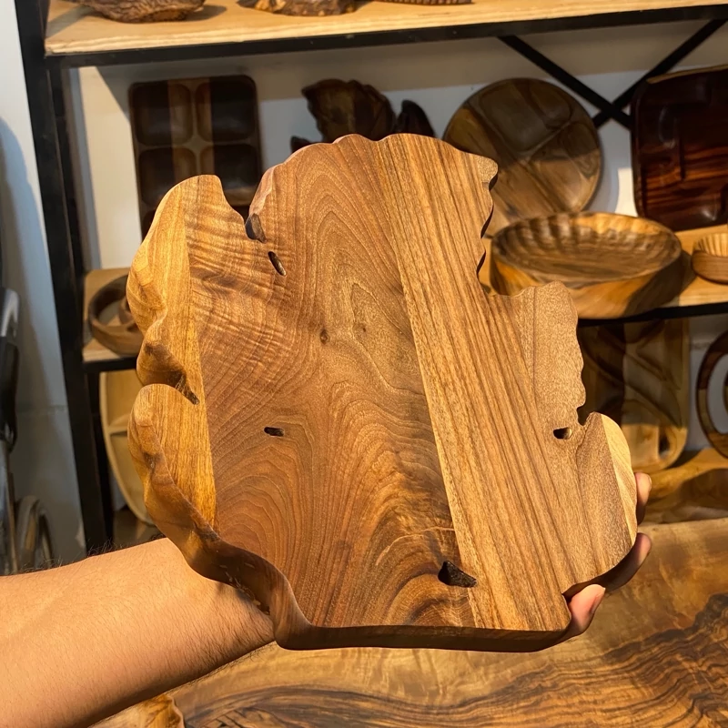 Handmade Walnut Wood Serving Platter – Grape Leaf Design