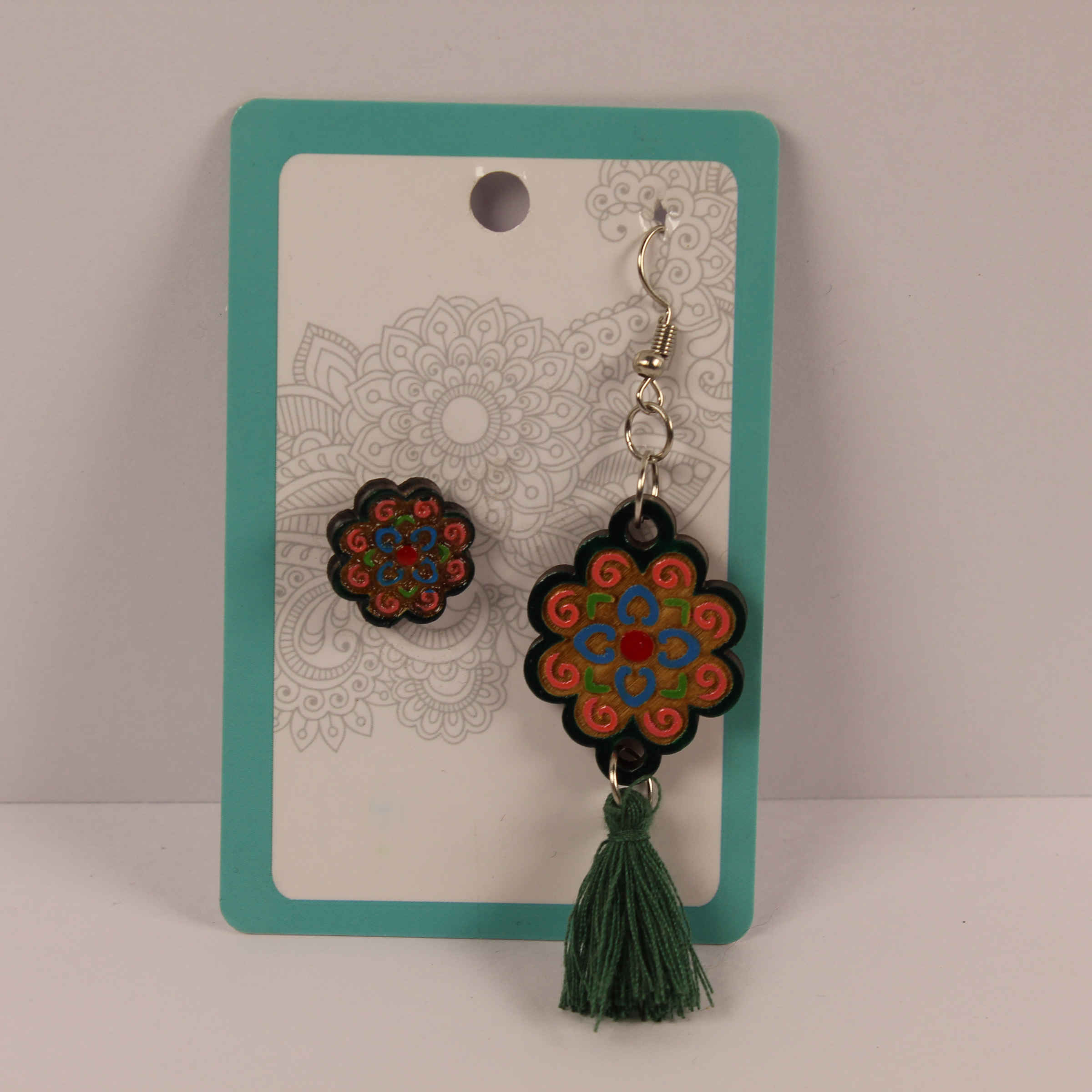 Handcrafted Asymmetric Wooden Earrings – Floral Mandala Design