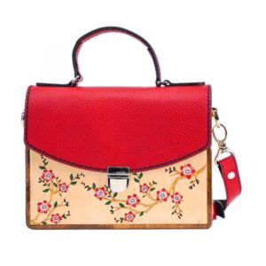 Hand‑Painted Floral Leather & Wood Shoulder Bag – Spring Blossom Artistic Design