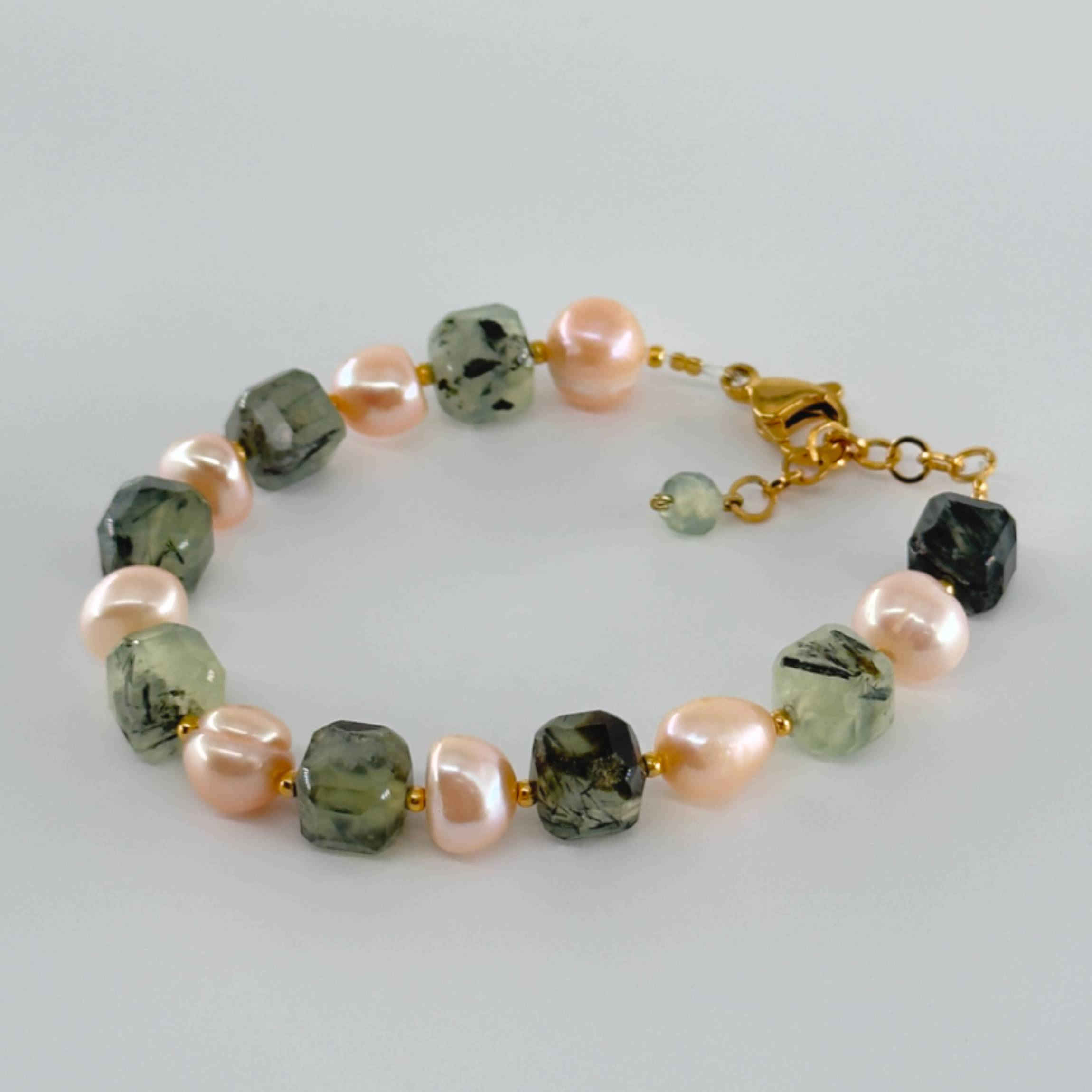 Harmony Glow: Pearl & Prehnite Beaded Women’s Bracelet