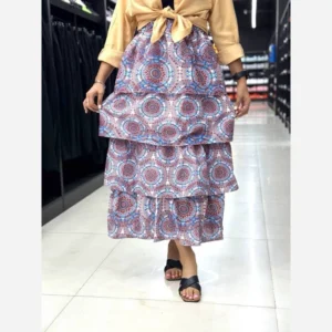 Layered Ruffle Skirt with Boho-Inspired Persian Circle Motifs and Waterfall Silhouette