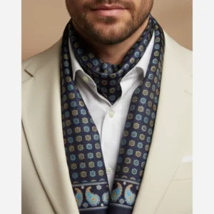 Luxurious Silk Velvet Scarf Featuring Intricate Eslimi and Paisley Blue Design – Elegant Four-Season Accessory for Men