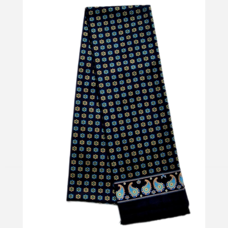 Luxurious Silk Velvet Scarf Featuring Intricate Eslimi and Paisley Blue Design – Elegant Four-Season Accessory for Men