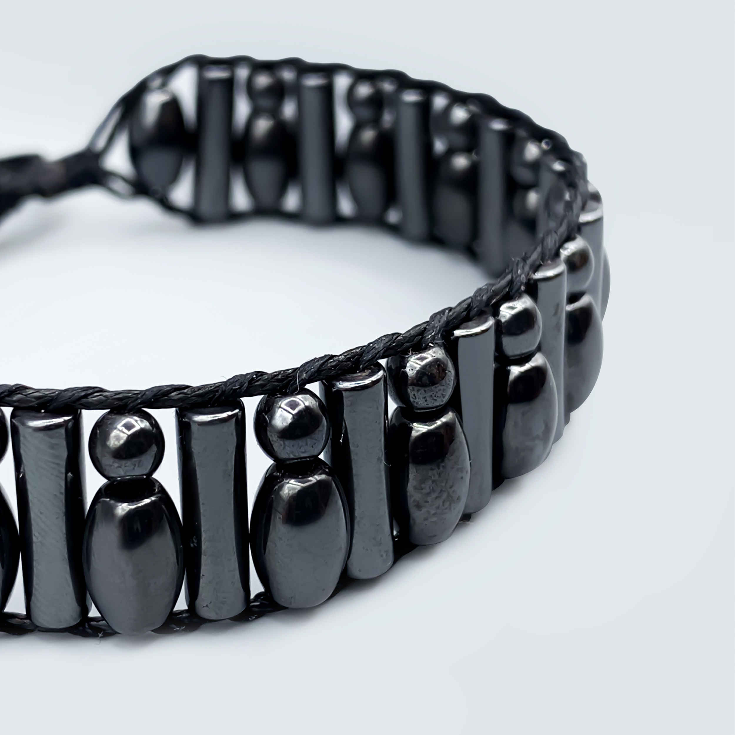 Men’s Hematite Bracelet with Bowling Pin-Inspired Beads and Adjustable Knot Closure