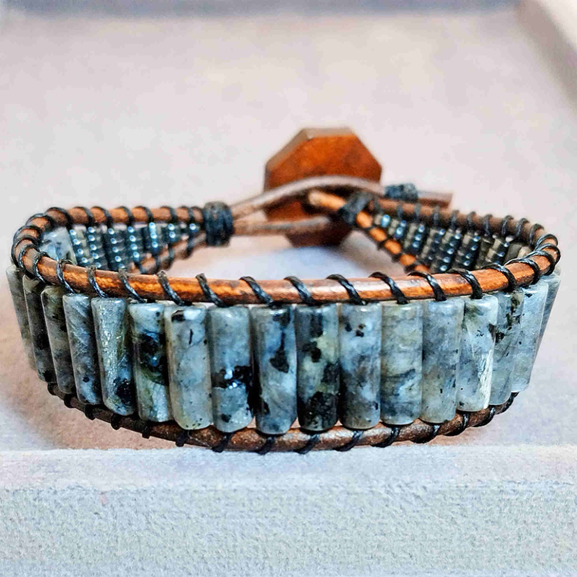 Men’s Larvikite Bracelet — Polished Larvikite Cylinder Beads on Genuine Leather with Button Loop Closure