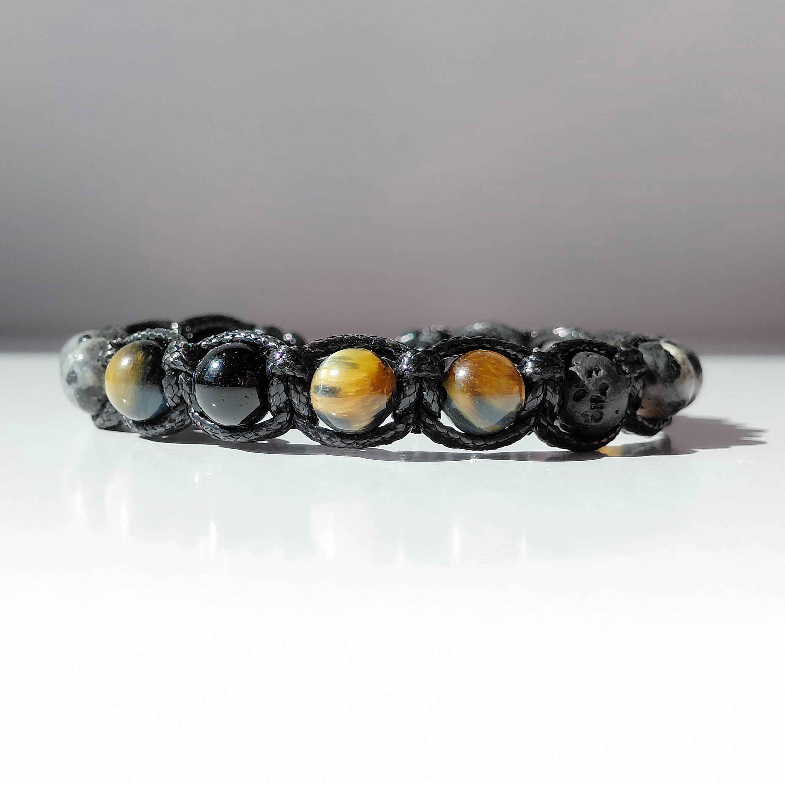 Men’s Tiger’s Eye Macrame Bracelet with Faceted Brown & Yellow Beads – Adjustable Knot Closure