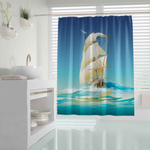 Nautical Ship Pattern Blue Waterproof Shower Curtain for Bathtub & Shower – Includes 12 Hooks