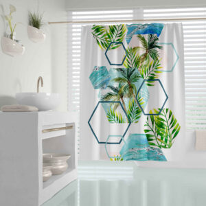 Palm Tree Pattern White Background Waterproof Shower Curtain for Bathtub & Shower – Includes 12 Hooks