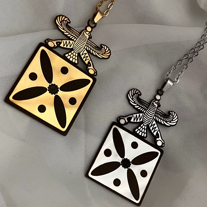 Persian Drafsh Kaviani and Shahbaz Stainless Steel Necklace – Durable Black Engraving, Symbol of Strength