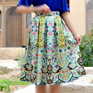 Pleated Persian Skirt in Warm Satin Fabric with Pomegranate and Floral Design