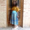 Pleated-Midi-Satin-Skirt-with-Islamic-Mosque-Tile-Motifs-in-Blue-and-Gold-3