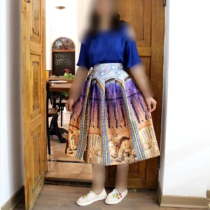 Pleated Midi Satin Skirt with Persepolis-Inspired Motifs and Architectural Band Design