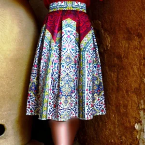 Pleated Midi Satin Skirt with Persian Floral Motifs in Pink and Yellow on White