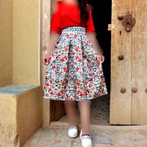 Pleated Midi Satin Skirt with Persian Tile Motifs and Structured Colorblock Design