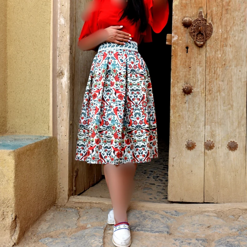 Pleated Midi Satin Skirt with Persian Tile Motifs and Structured Colorblock Design