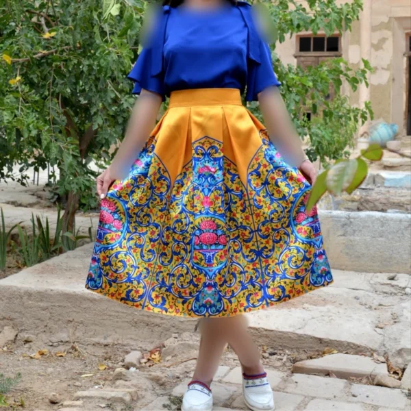 Pleated Midi Satin Skirt with Persian Tile Motifs in Yellow, Pink, and Blue