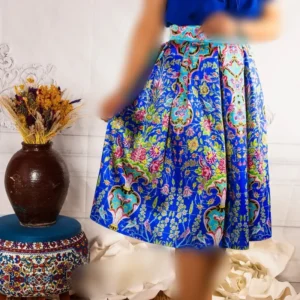 Pleated Midi Satin Skirt with Persian Tilework Motifs in Turquoise and Blue