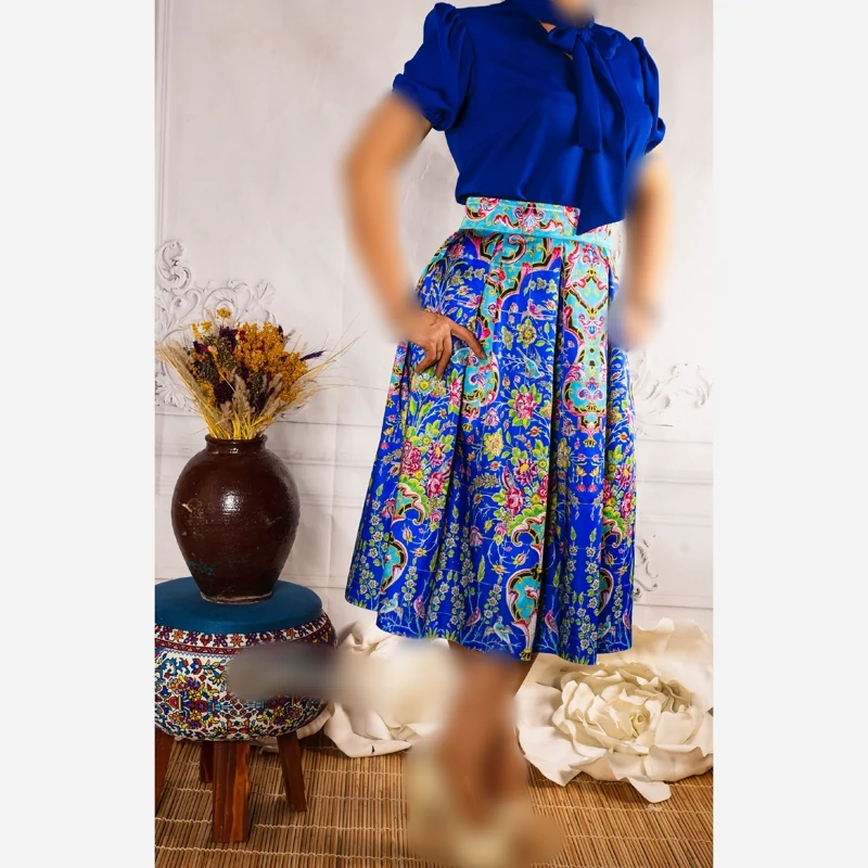 Pleated Midi Satin Skirt with Persian Tilework Motifs in Turquoise and Blue