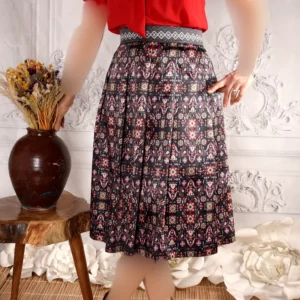 Pleated Midi Satin Skirt with Persian Wall Art Motifs in Warm Earth Tones