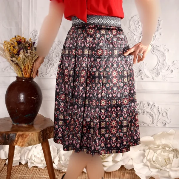 Pleated Midi Satin Skirt with Persian Wall Art Motifs in Warm Earth Tones