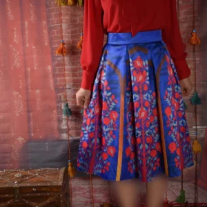 Pleated Midi Satin Skirt with Persian Tile Motifs and Structured Colorblock Design