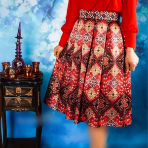 Pleated Midi Satin Skirt with Red Persian Kilim Motifs and Tribal Geometry