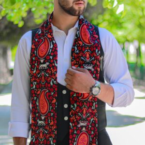 Premium Four-Season Silk Velvet Scarf with Paisley Red Pattern – Elegant, and Versatile for Man