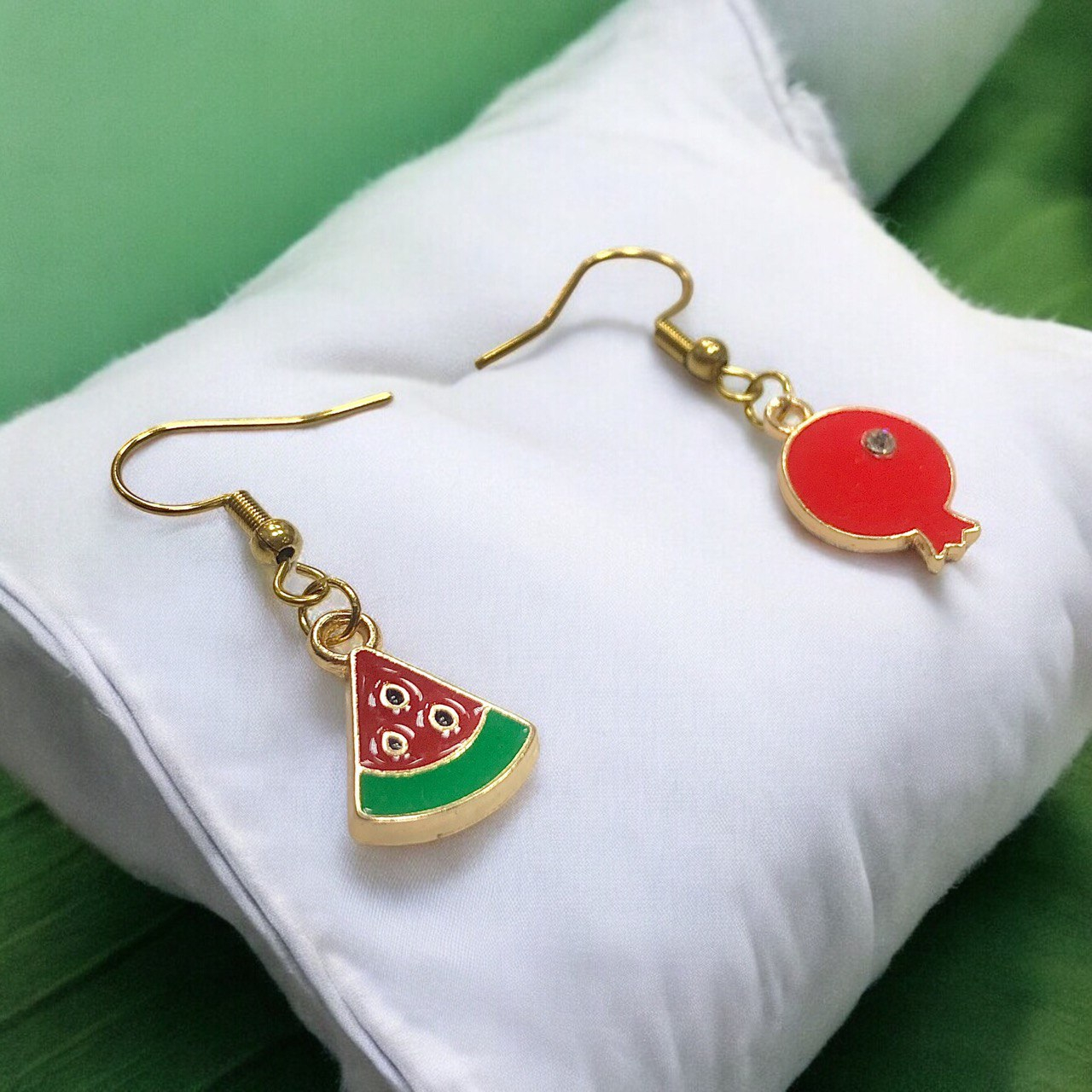 Stainless Steel Watermelon Slice & Pomegranate Charm Earrings – Asymmetric Fruit‑Theme Dangle Pair