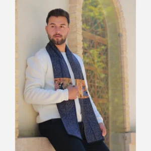 Traditional Iranian Men’s Silk Velvet Scarf with Shahnameh Poetry and Persian Art – Elegant Four-Season Design