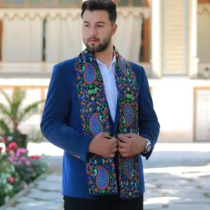 Traditional Iranian Men’s Silk Velvet Scarf with Vibrant Paisley Floral Pattern in Blue – Elegant Four-Season Design for Men