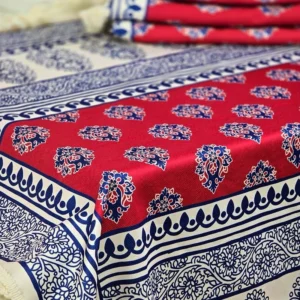 Traditional Iranian Tablecloth for 4 – Red Printed Design on Hazaan Fabric, Perfect for Dining and Special Occasions
