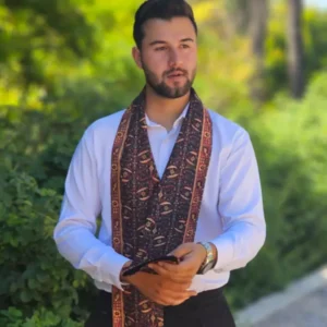 Traditional Persian Silk Velvet Scarf for Men – Four-Season Design with Orange Floral Pattern, Ideal for Ceremonies
