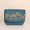 Women’s Fabric Shoulder Bag with Hand-Painted Minimal Yellow Flowers Design & Two Internal Pockets, Blue Color