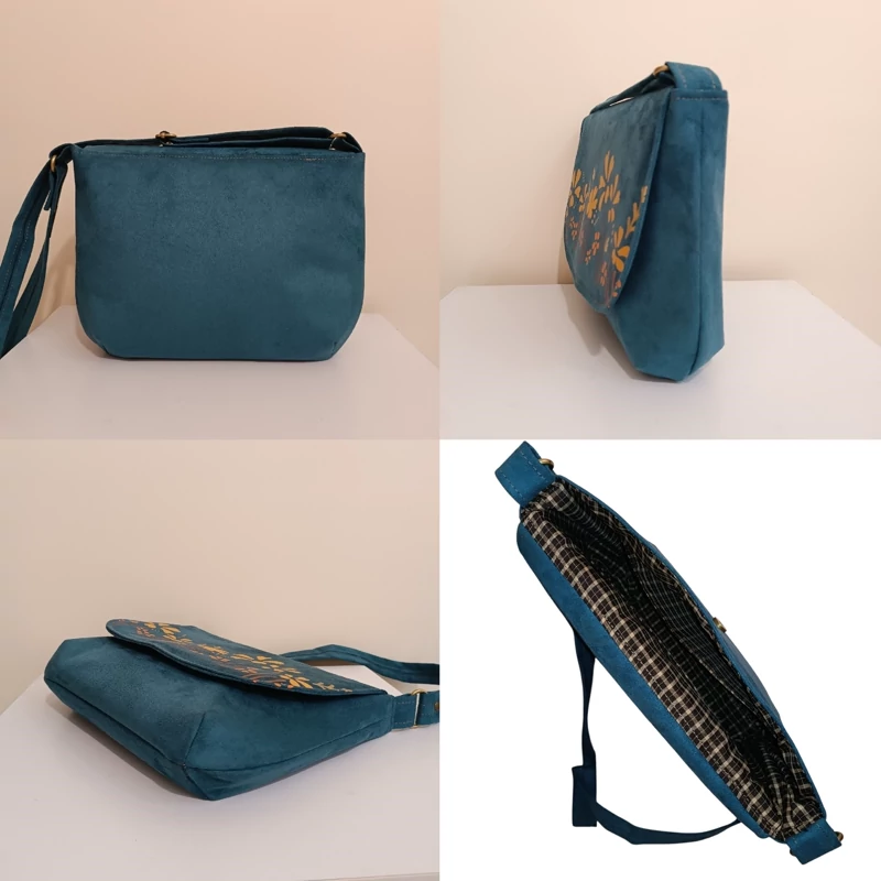 Women’s Fabric Shoulder Bag with Hand-Painted Minimal Yellow Flowers Design & Two Internal Pockets, Blue Color