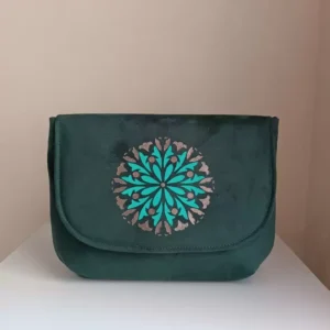 Women’s Fabric Shoulder Bag – Hand-Painted Traditional Eslimi Design with Internal Pockets & Emerald Green Color