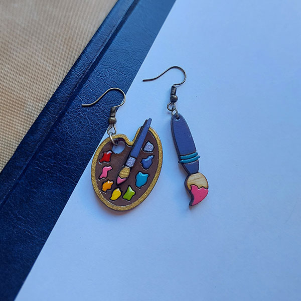 Handcrafted Asymmetric Wooden Earrings – Paint Palette & Brush Design