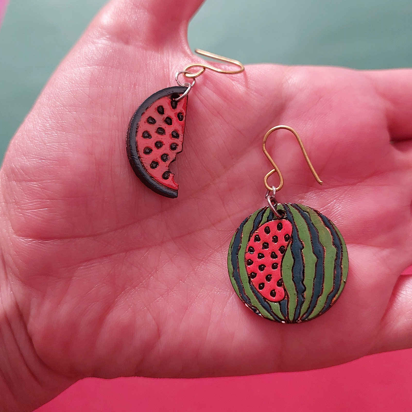 Asymmetric Wooden Watermelon Earrings – Fruit Theme Dangle Pair
