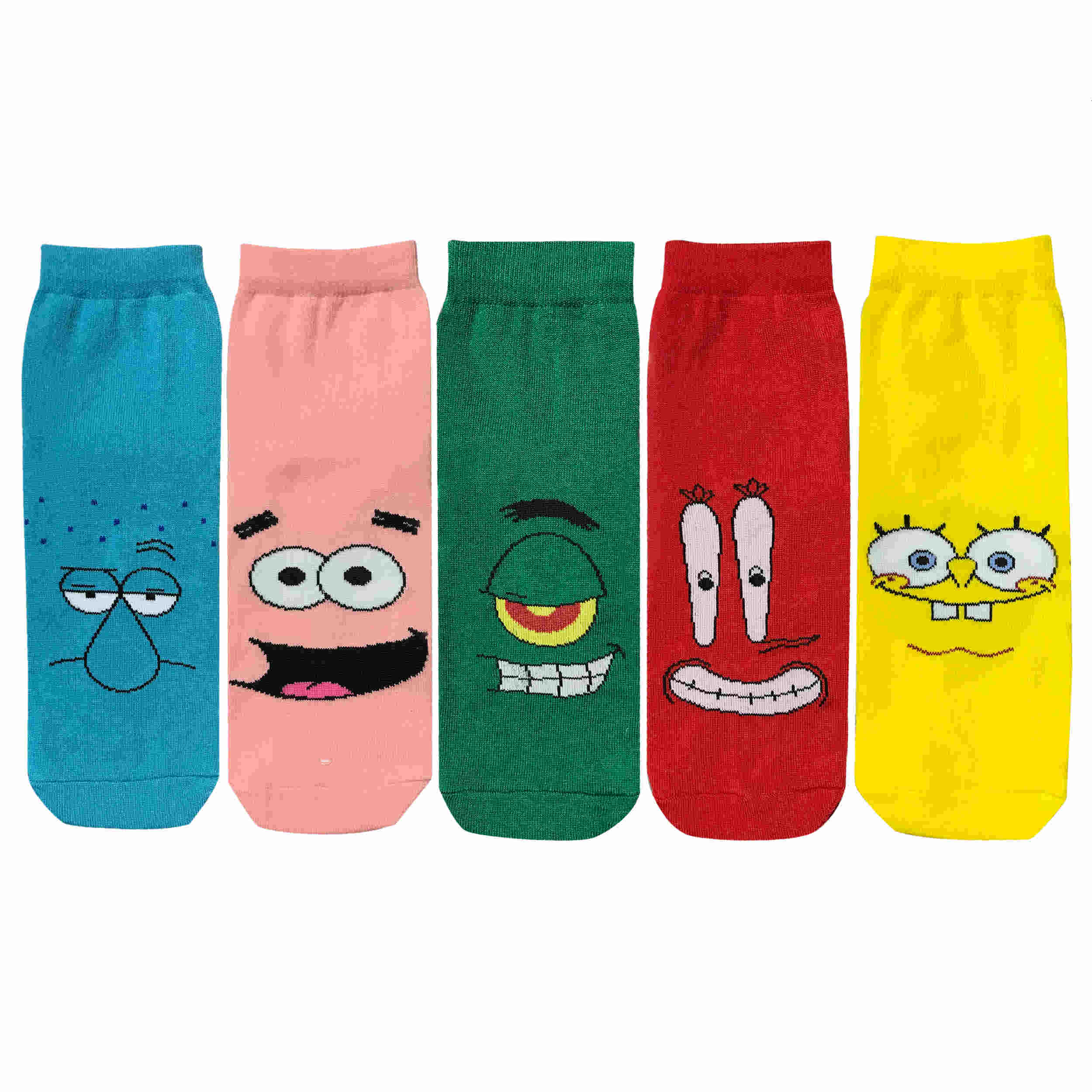 5‑Pair Ankle‑Length Fancy Socks with SpongeBob Character Faces in Colorful Design for Adults