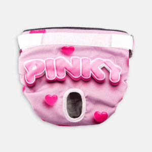 Pink Dog Diaper – Size S, Heart Pattern with “PINKY” Design, Washable and Adjustable