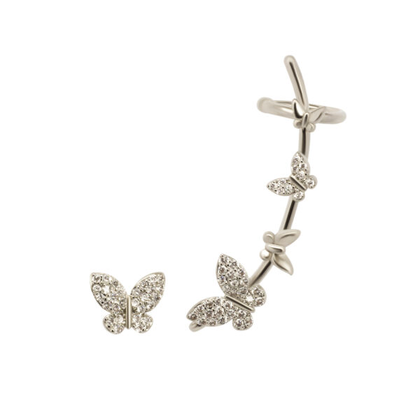 Stainless Steel Butterfly Stud & Ear Cuff Set – Asymmetric Silver Earrings