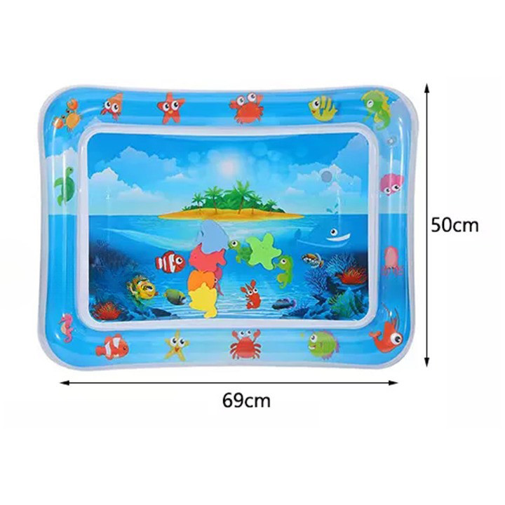 Inflatable Baby Aquarium Water Play Mat – Tropical Island Ocean Sensory Tummy Time Pad with Floating Shapes