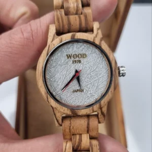 Bamboo Watch with Textured Silver Dial and Red Accent Hands | 36mm Case