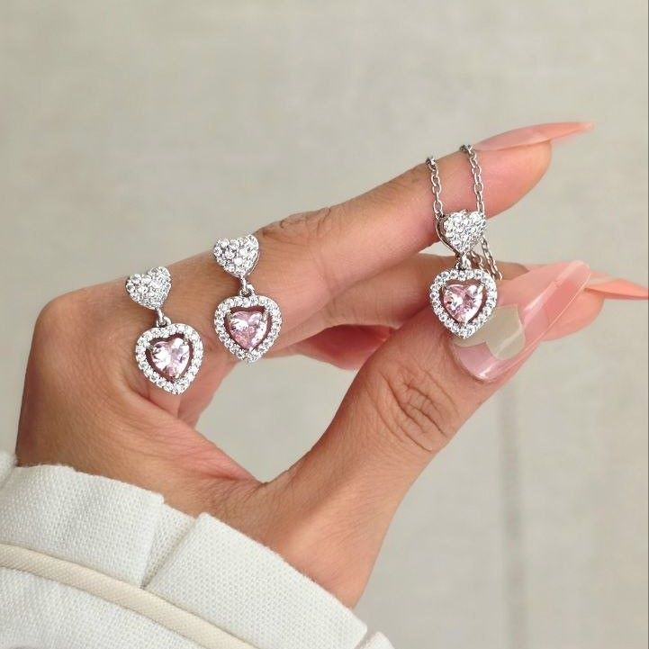 Half‑Set of Steel Bracelet & Earrings in Heart‑Shaped with Sparkling Pink Crystal | Eternal Love