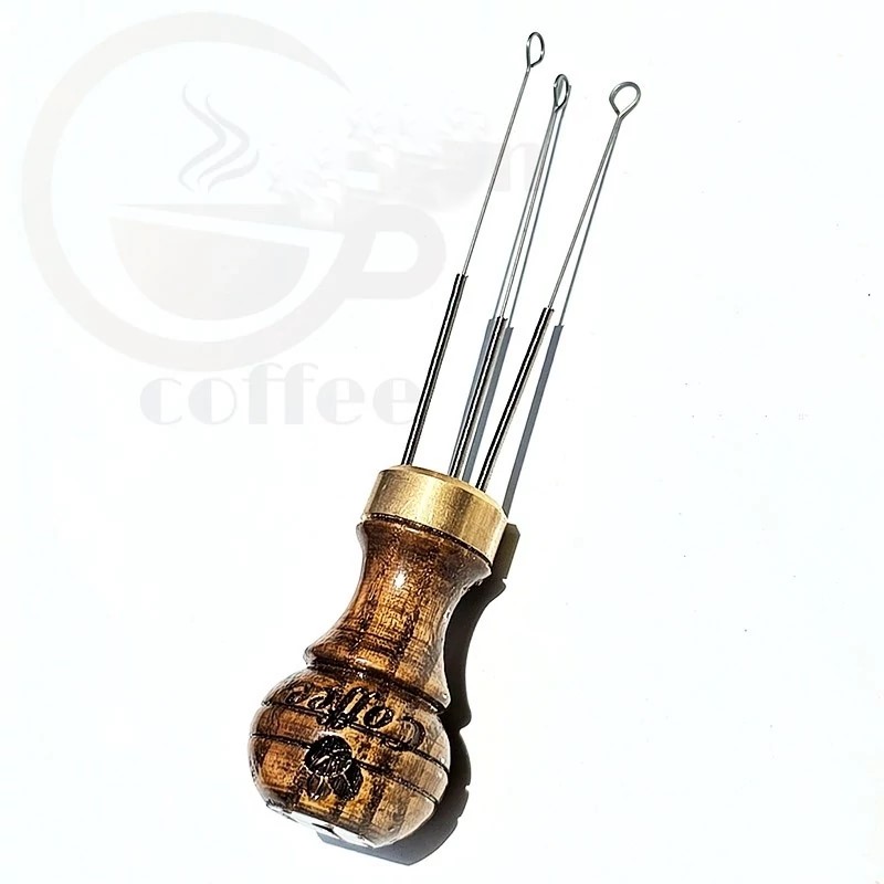 Espresso Coffee Needle Distributor – Wooden Handle WDT Tool with Brass Tip and 3 Spring Needles